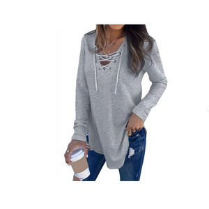 Nlife Women Long Sleeve Lace Up V Neck Long Sleeve Top XL